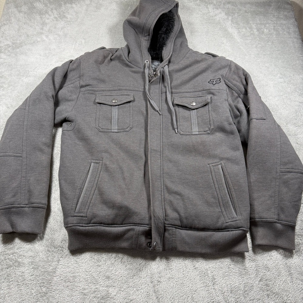 Fox Racing Sasquatch Hoodie Mens XL Gray Faux Fur Lined Full Zip Heavyweight Y2K